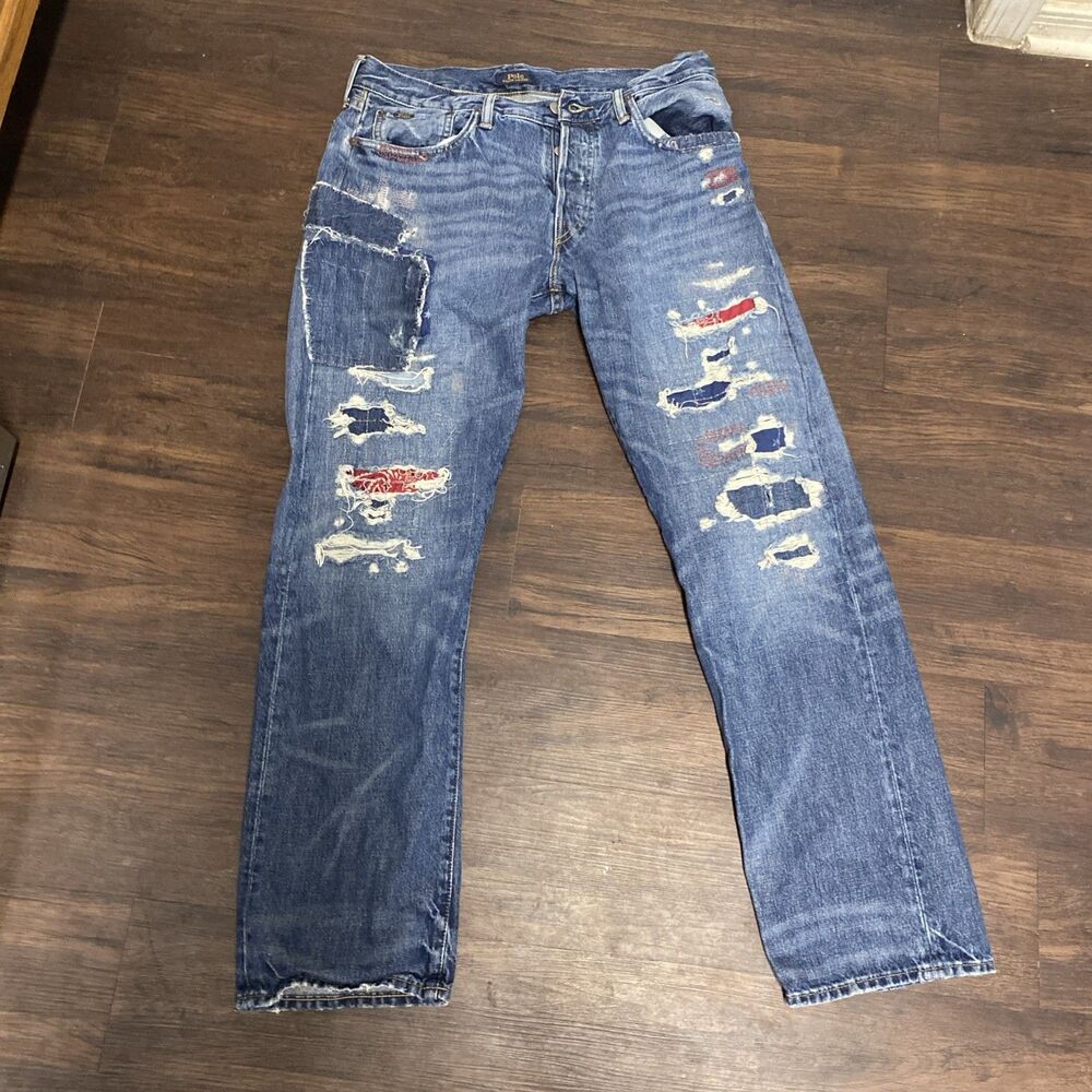 Polo Ralph Lauren Sullivan Slim Bandana Patch Jeans 33x32 Distressed Patchwork